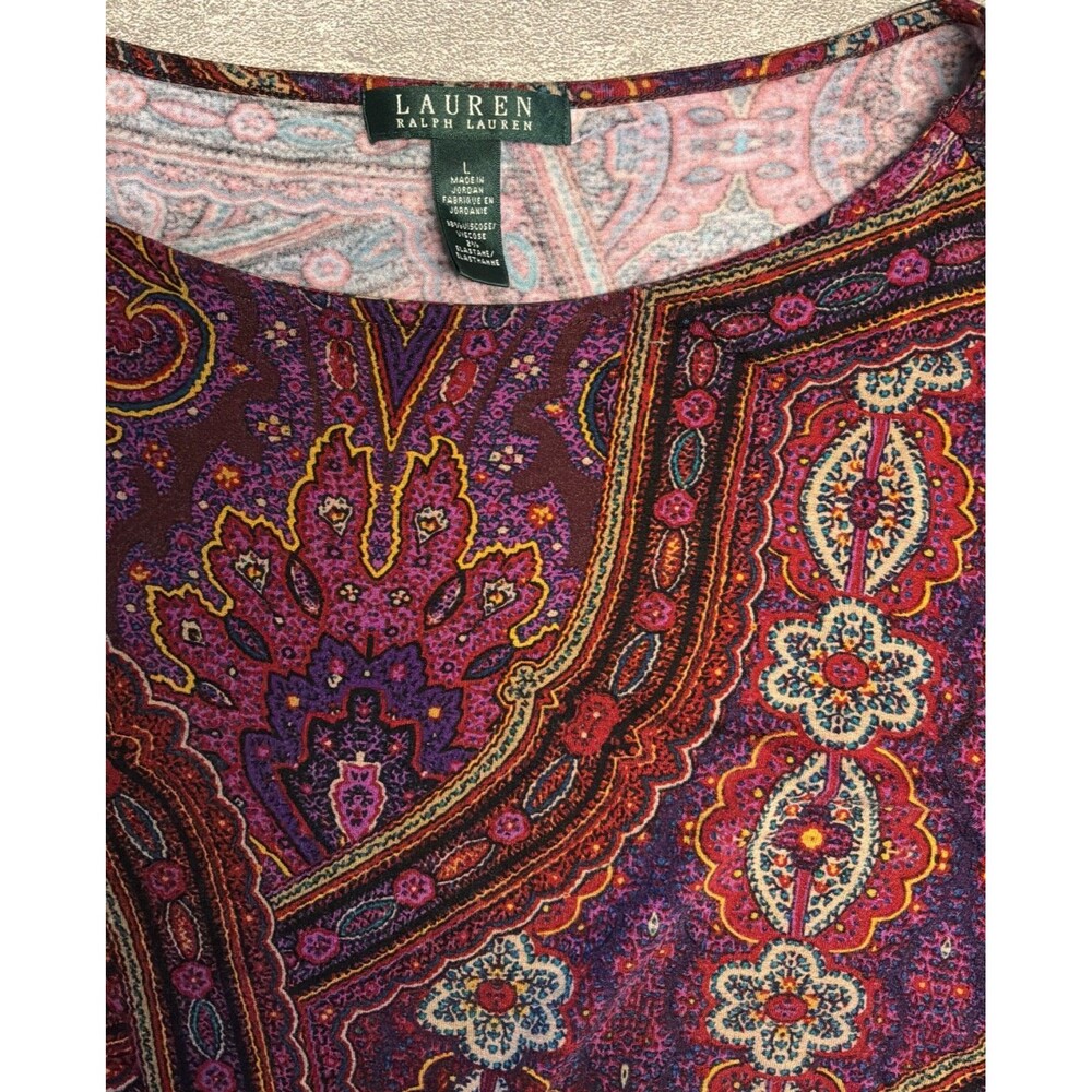Ralph Lauren Large Pullover Long Sleeve Ruched Sides Purple Pink Paisley Preppy - Picture 3 of 7